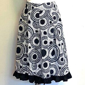 Kushi Cotton Skirt, Blue and Black on Cream Background, Size 14, Fully Lined